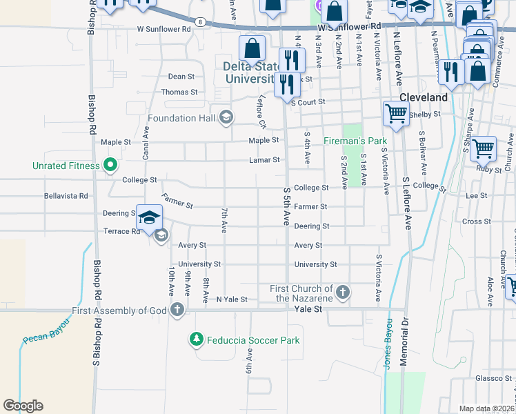 map of restaurants, bars, coffee shops, grocery stores, and more near 1101 Farmer Street in Cleveland