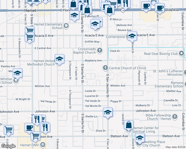 map of restaurants, bars, coffee shops, grocery stores, and more near 622 South Santa Fe Street in Hemet
