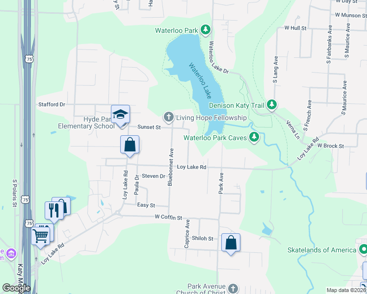 map of restaurants, bars, coffee shops, grocery stores, and more near 1809 Waterloo Drive in Denison