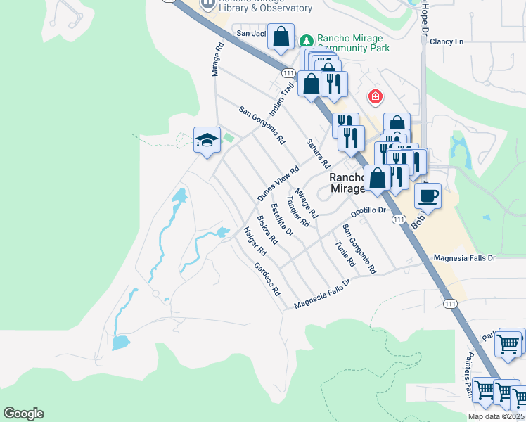 map of restaurants, bars, coffee shops, grocery stores, and more near 71364 Biskra Road in Rancho Mirage