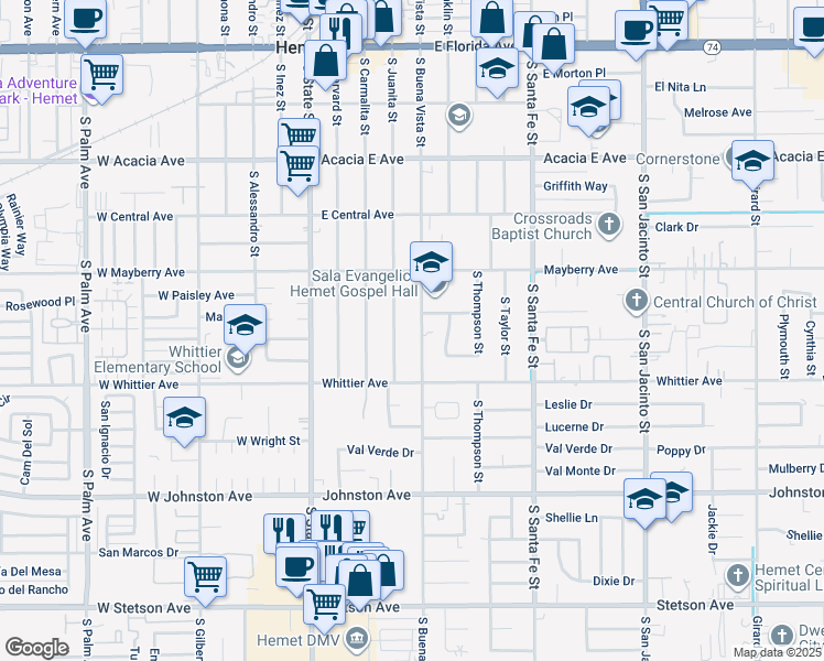 map of restaurants, bars, coffee shops, grocery stores, and more near 609 South Buena Vista Street in Hemet