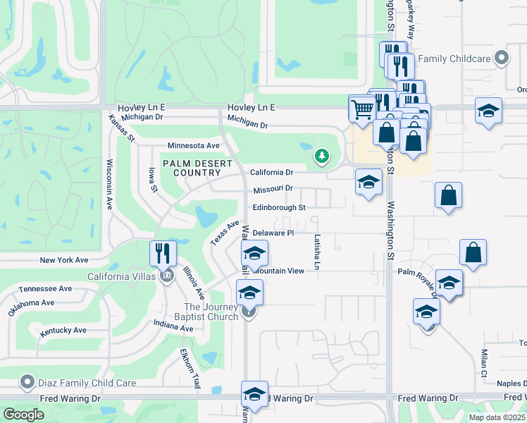 map of restaurants, bars, coffee shops, grocery stores, and more near 77565 Edinborough Street in Palm Desert