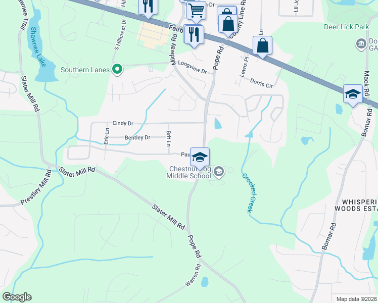 map of restaurants, bars, coffee shops, grocery stores, and more near 3736 Paul Street in Douglasville