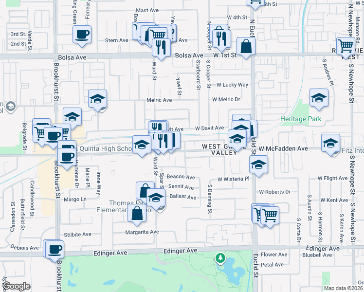 map of restaurants, bars, coffee shops, grocery stores, and more near 706 South Sail Street in Santa Ana