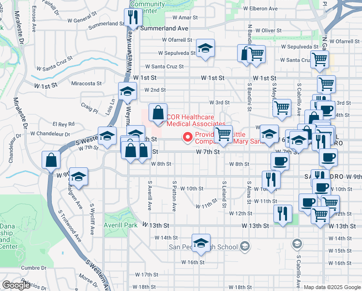 map of restaurants, bars, coffee shops, grocery stores, and more near 1300 West 7th Street in Los Angeles County