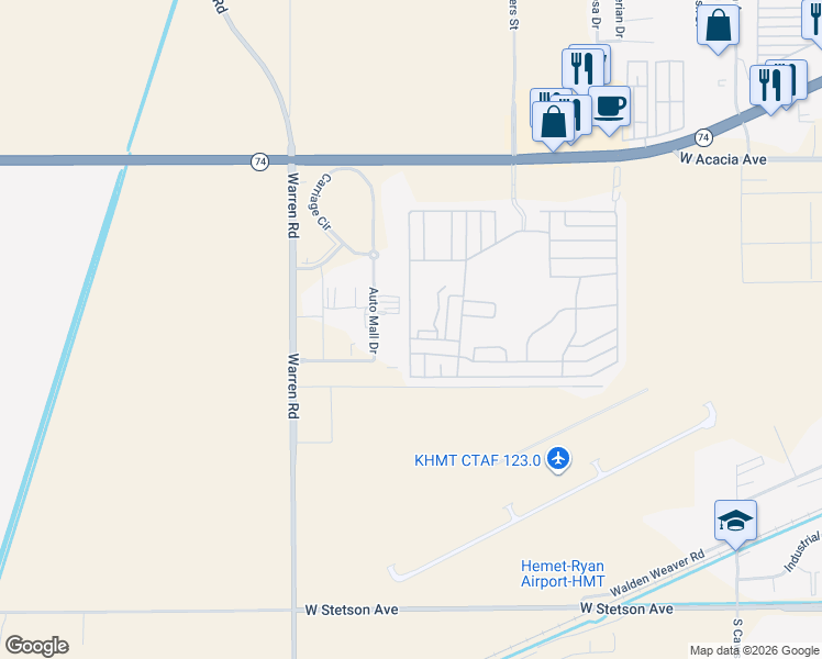 map of restaurants, bars, coffee shops, grocery stores, and more near 5001 West Florida Avenue in Hemet