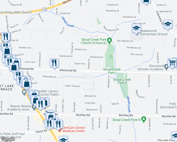 map of restaurants, bars, coffee shops, grocery stores, and more near Glenwood Rd & Welika Dr in Belvedere Park