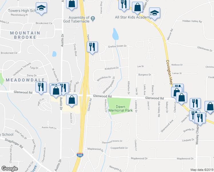 map of restaurants, bars, coffee shops, grocery stores, and more near 113 Glen Acres Court in Decatur