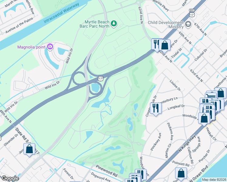 map of restaurants, bars, coffee shops, grocery stores, and more near Perrin’s Path in Myrtle Beach