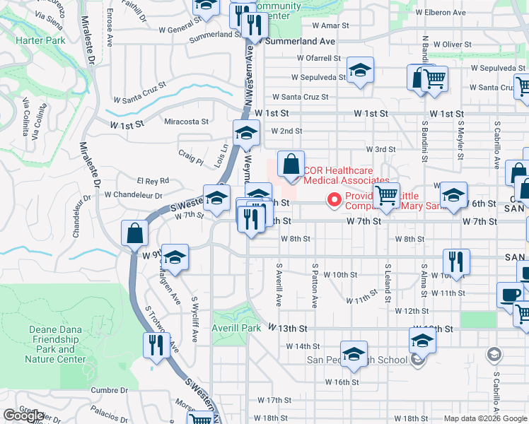 map of restaurants, bars, coffee shops, grocery stores, and more near South Broadway Avenue in Los Angeles County