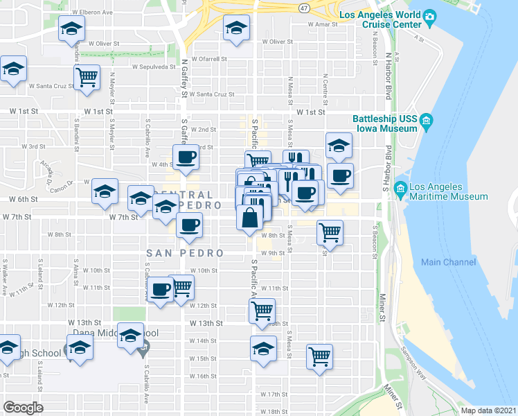 map of restaurants, bars, coffee shops, grocery stores, and more near 624 South Pacific Avenue in Los Angeles