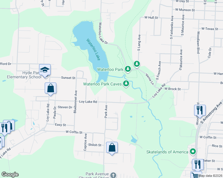 map of restaurants, bars, coffee shops, grocery stores, and more near 2101 Loy Lake Road in Denison