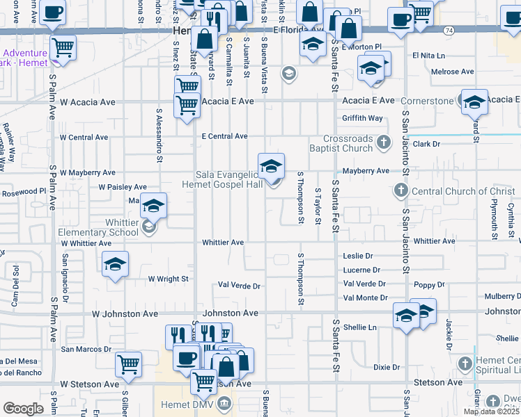 map of restaurants, bars, coffee shops, grocery stores, and more near 609 South Buena Vista Street in Hemet