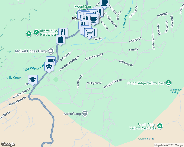 map of restaurants, bars, coffee shops, grocery stores, and more near 54420 Village View Drive in Idyllwild-Pine Cove