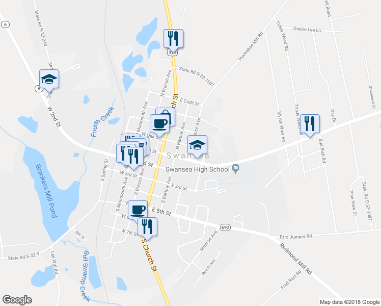 map of restaurants, bars, coffee shops, grocery stores, and more near 100 North Lawrence Avenue in Swansea
