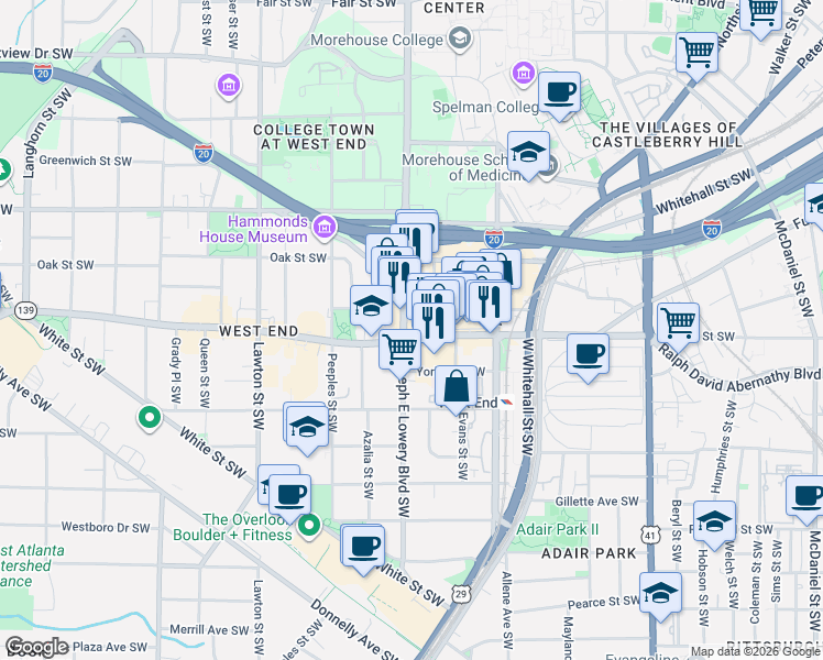 map of restaurants, bars, coffee shops, grocery stores, and more near 895 Ralph David Abernathy Boulevard Southwest in Atlanta