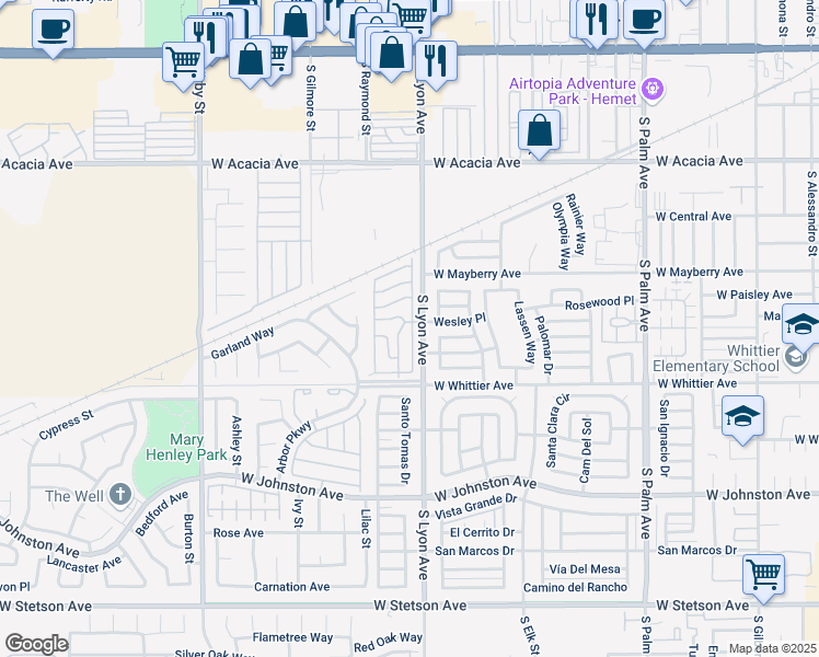 map of restaurants, bars, coffee shops, grocery stores, and more near 575 South Lyon Avenue in Hemet