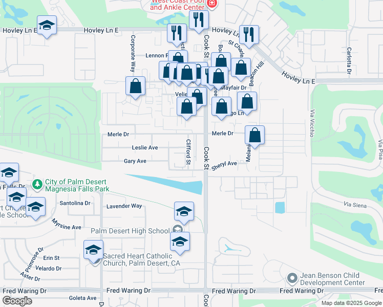 map of restaurants, bars, coffee shops, grocery stores, and more near 15 Clifford Street in Palm Desert