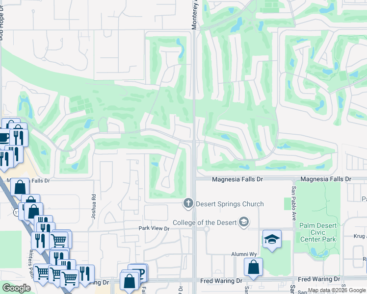 map of restaurants, bars, coffee shops, grocery stores, and more near 5 Torremolinos Drive in Rancho Mirage