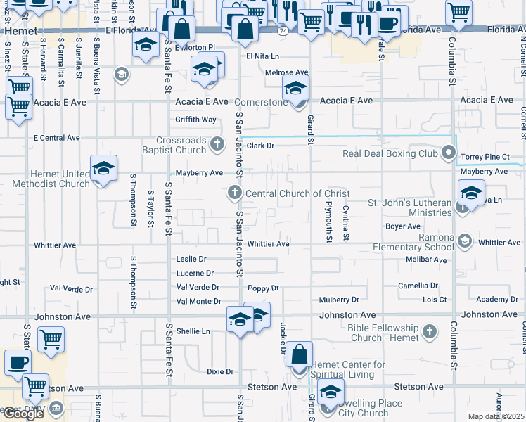 map of restaurants, bars, coffee shops, grocery stores, and more near 26400 Olive Drive in Hemet