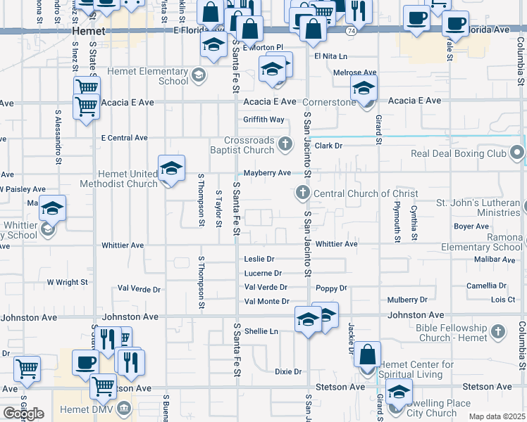 map of restaurants, bars, coffee shops, grocery stores, and more near 628 South Santa Fe Street in Hemet