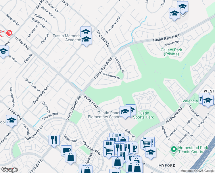 map of restaurants, bars, coffee shops, grocery stores, and more near 2376 Sunningdale Drive in Tustin