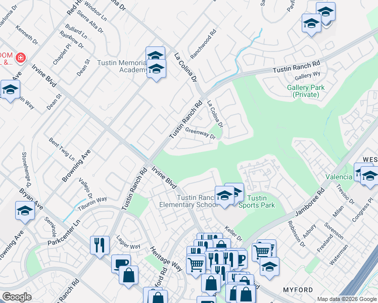 map of restaurants, bars, coffee shops, grocery stores, and more near 2376 Sunningdale Drive in Tustin