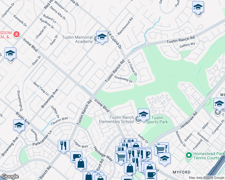 map of restaurants, bars, coffee shops, grocery stores, and more near 2312 Ternberry Court in Tustin