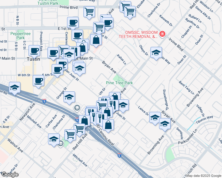 map of restaurants, bars, coffee shops, grocery stores, and more near 13661 Green Valley Drive in Tustin