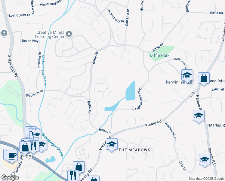 map of restaurants, bars, coffee shops, grocery stores, and more near 5079 Highland Hills Court in Stone Mountain