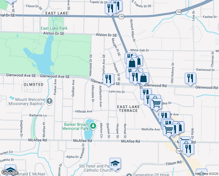 map of restaurants, bars, coffee shops, grocery stores, and more near 2384 Lynn Iris Drive in Decatur