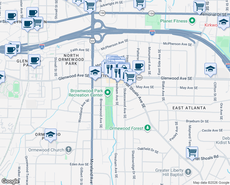 map of restaurants, bars, coffee shops, grocery stores, and more near 609 Gresham Avenue Southeast in Atlanta