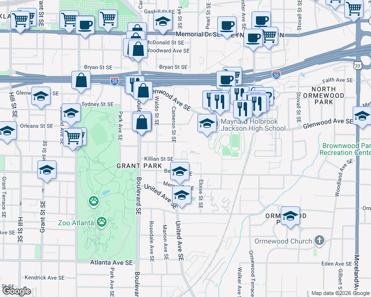 map of restaurants, bars, coffee shops, grocery stores, and more near 715 Rosalia Street Southeast in Atlanta