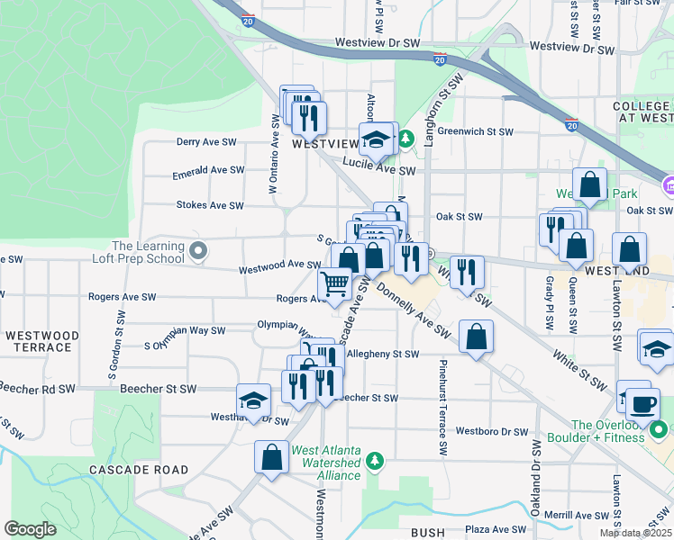 map of restaurants, bars, coffee shops, grocery stores, and more near 1503 Westwood Avenue Southwest in Atlanta