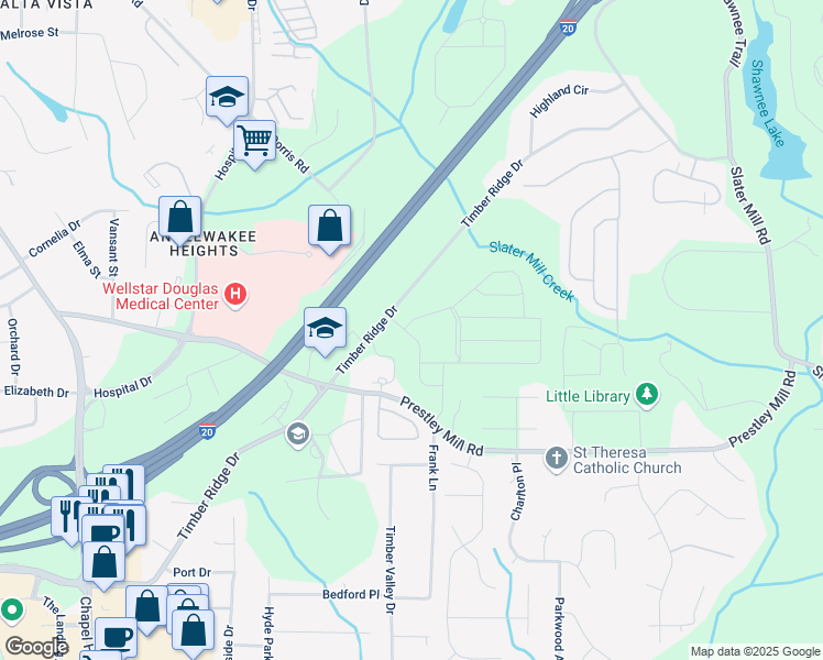 map of restaurants, bars, coffee shops, grocery stores, and more near 2450 Cotton Lane in Douglasville