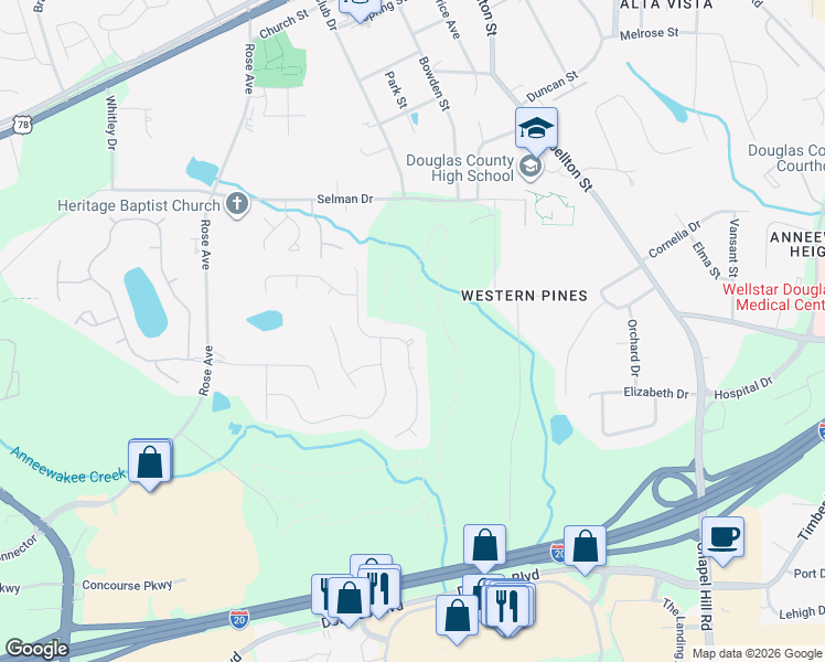 map of restaurants, bars, coffee shops, grocery stores, and more near 8946 Western Pines Court in Douglasville