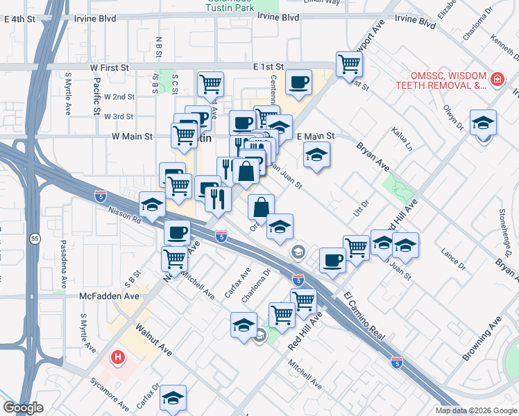map of restaurants, bars, coffee shops, grocery stores, and more near 1095 Bonita Street in Tustin