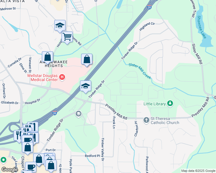 map of restaurants, bars, coffee shops, grocery stores, and more near 2450 Cotton Lane in Douglasville