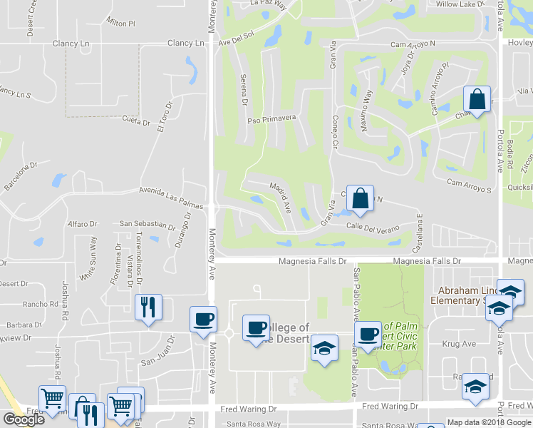 map of restaurants, bars, coffee shops, grocery stores, and more near 172 Gran Via in Palm Desert