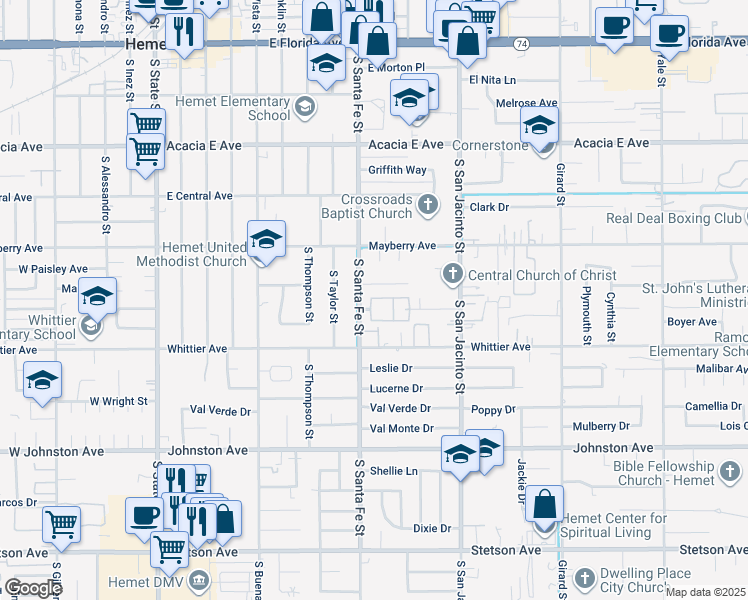 map of restaurants, bars, coffee shops, grocery stores, and more near 610 South Santa Fe Street in Hemet