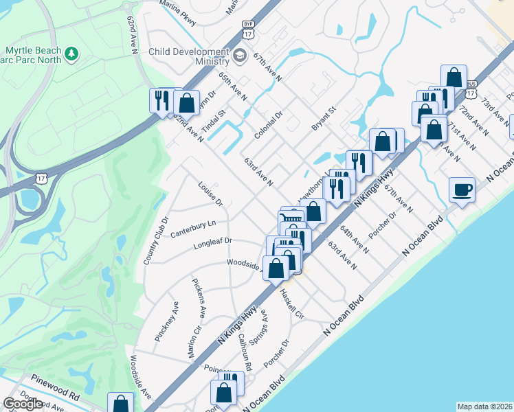 map of restaurants, bars, coffee shops, grocery stores, and more near 612 61st Avenue North in Myrtle Beach