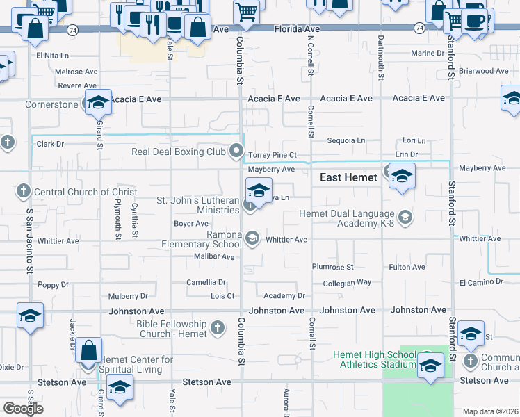 map of restaurants, bars, coffee shops, grocery stores, and more near 26410 Columbia Street in Hemet