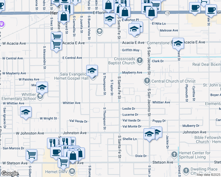 map of restaurants, bars, coffee shops, grocery stores, and more near 601 South Taylor Street in Hemet