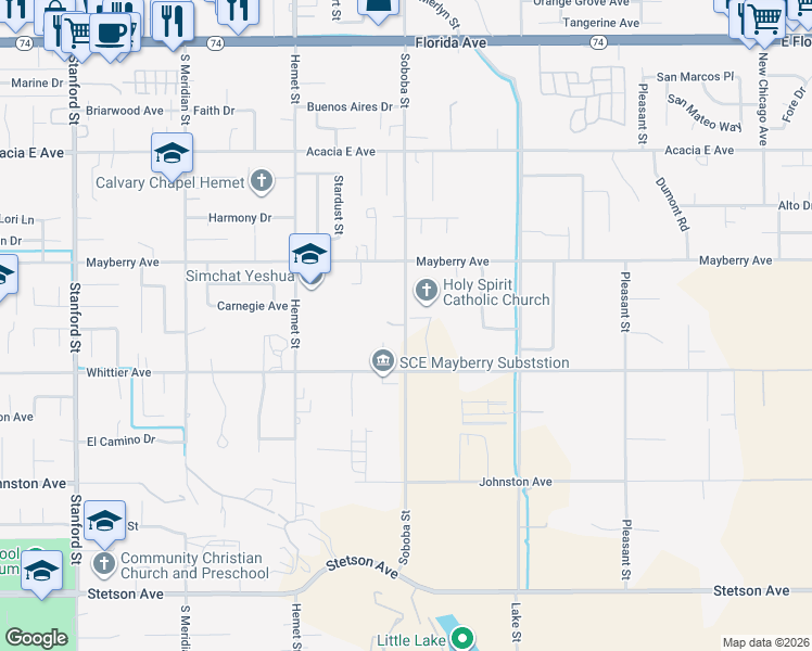 map of restaurants, bars, coffee shops, grocery stores, and more near 26415 Soboba Street in Hemet