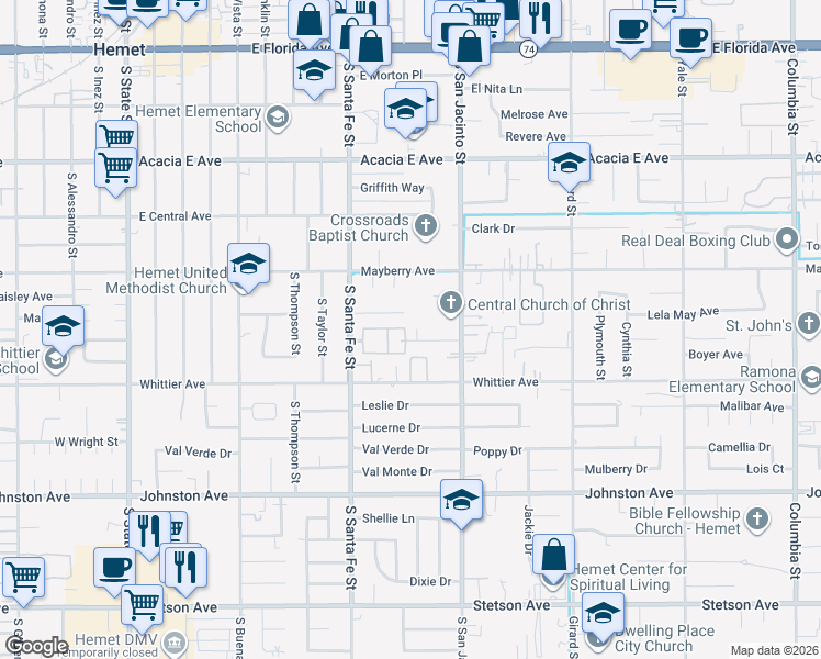 map of restaurants, bars, coffee shops, grocery stores, and more near 628 South Santa Fe Street in Hemet