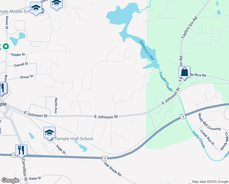map of restaurants, bars, coffee shops, grocery stores, and more near 512 Rippling Court in Temple