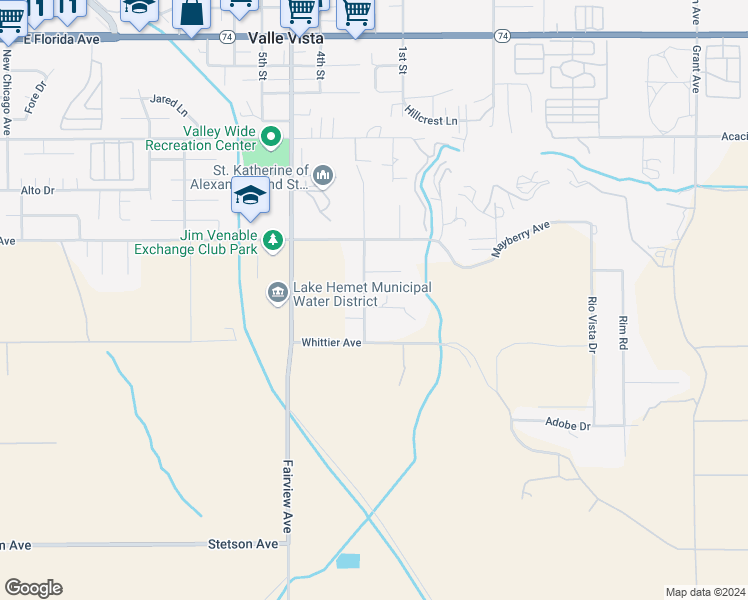 map of restaurants, bars, coffee shops, grocery stores, and more near 26416 Thacker Drive in Hemet