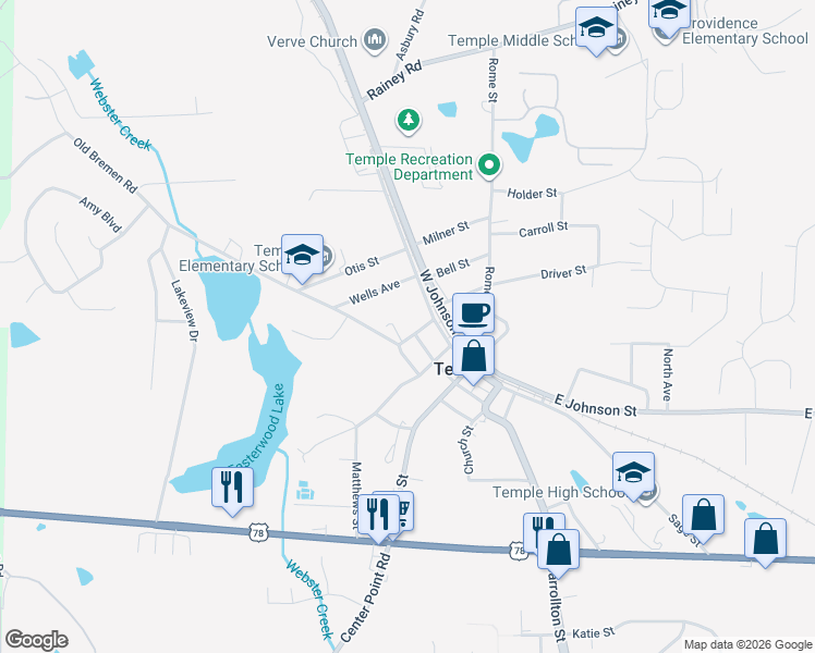 map of restaurants, bars, coffee shops, grocery stores, and more near 45 Old Bremen Road in Temple