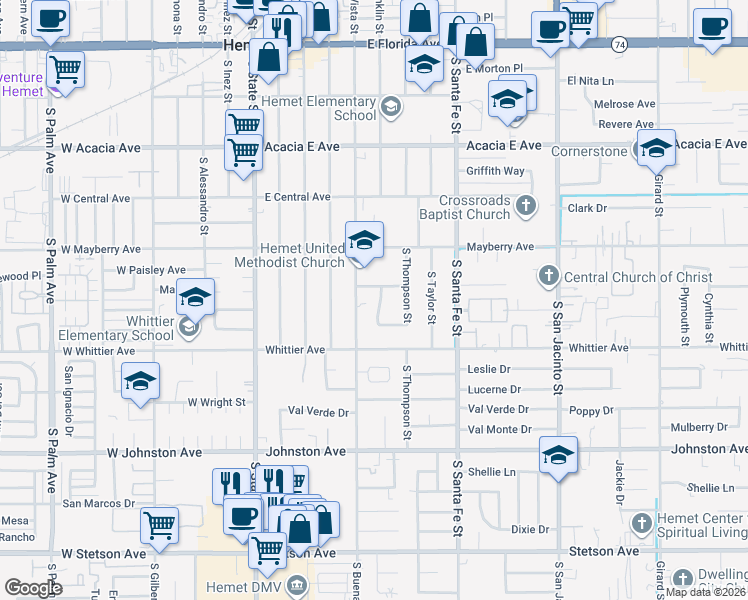 map of restaurants, bars, coffee shops, grocery stores, and more near 605 South Franklin Street in Hemet