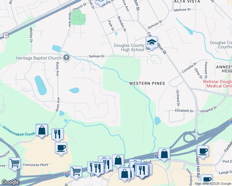 map of restaurants, bars, coffee shops, grocery stores, and more near 8946 Western Pines Ct in Douglasville